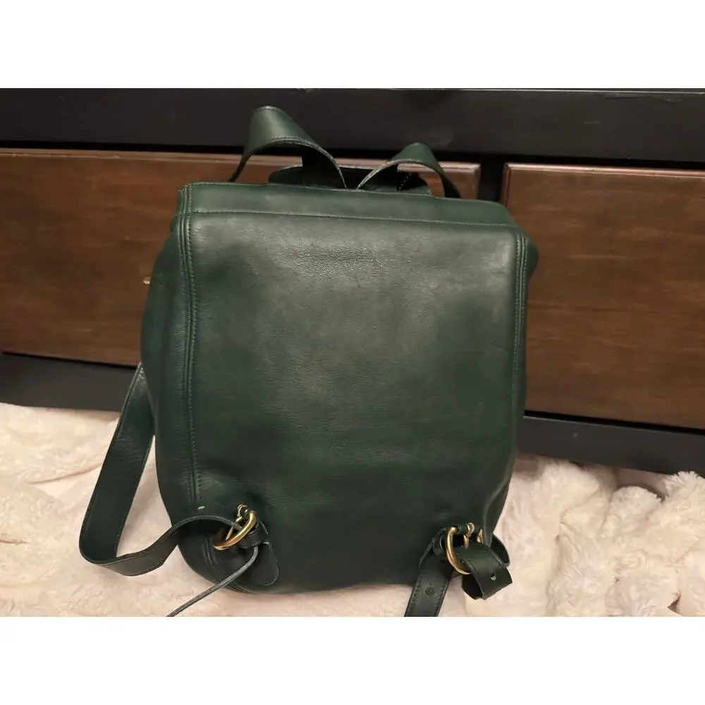 Green Leather Backpack with Gold Ring Accent
